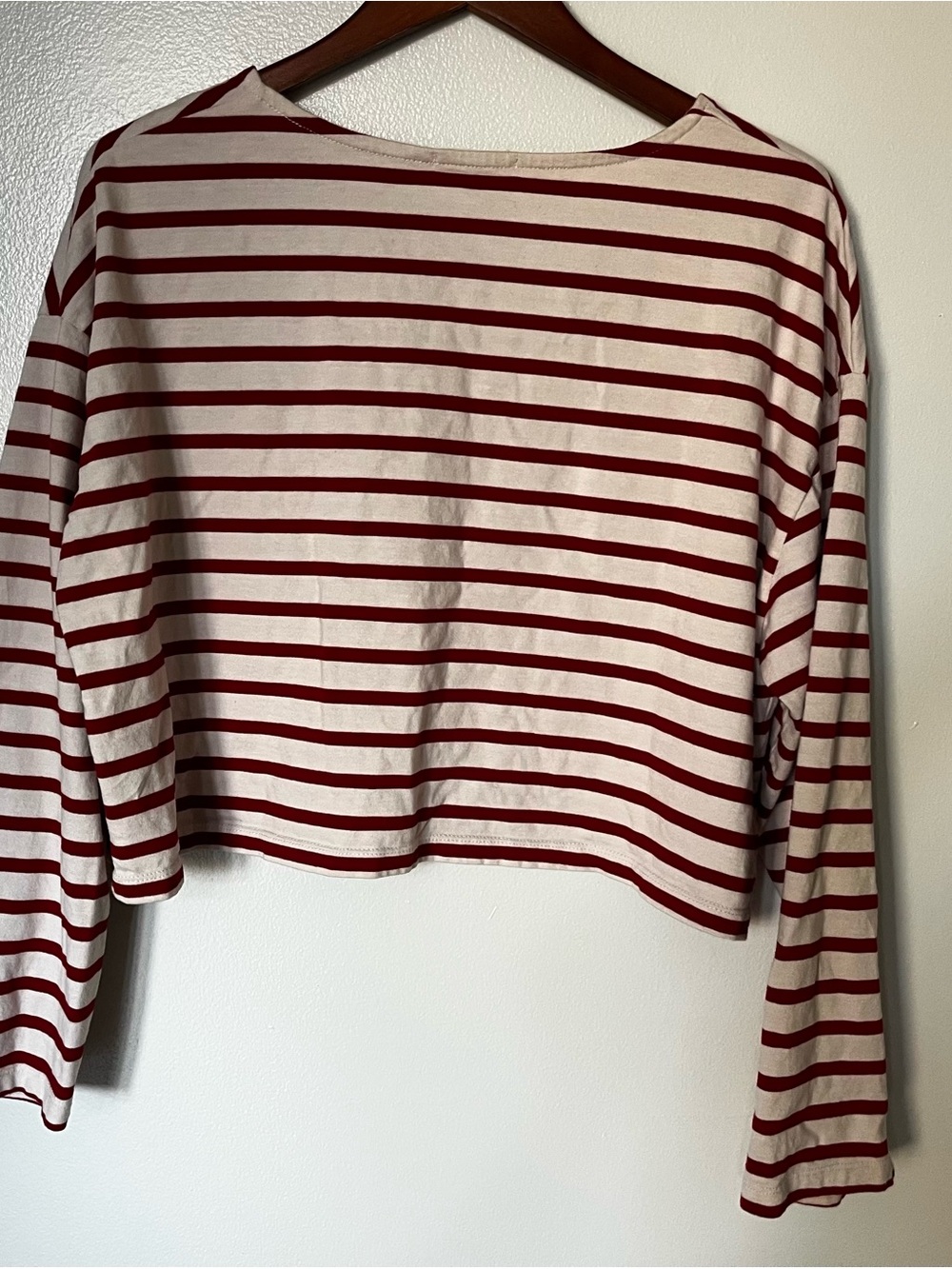 Oysho Striped Long Sleeve Cropped Thick Cotton Tee - Red & White XL